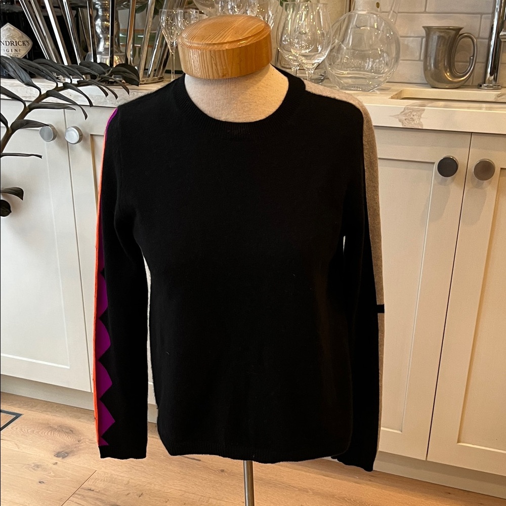 Lisa Todd Black 100% cashmere Sweater with Pink, tangerine and cream Accents